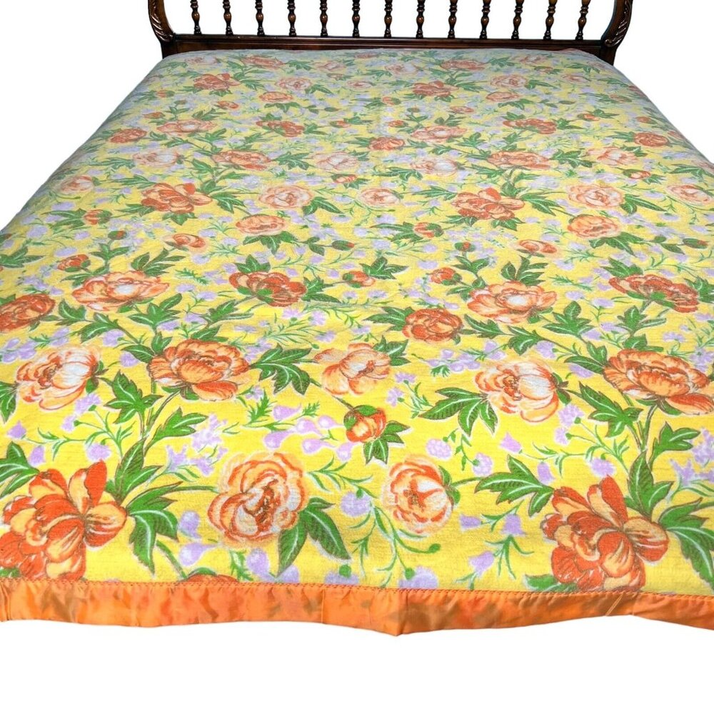 Chatham Acrylic Blanket Satin Edge Orange Yellow Floral Made USA Vintage 1970s